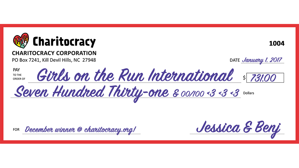 Charitocracy's 4th check to December winner Girls on the Run for $731