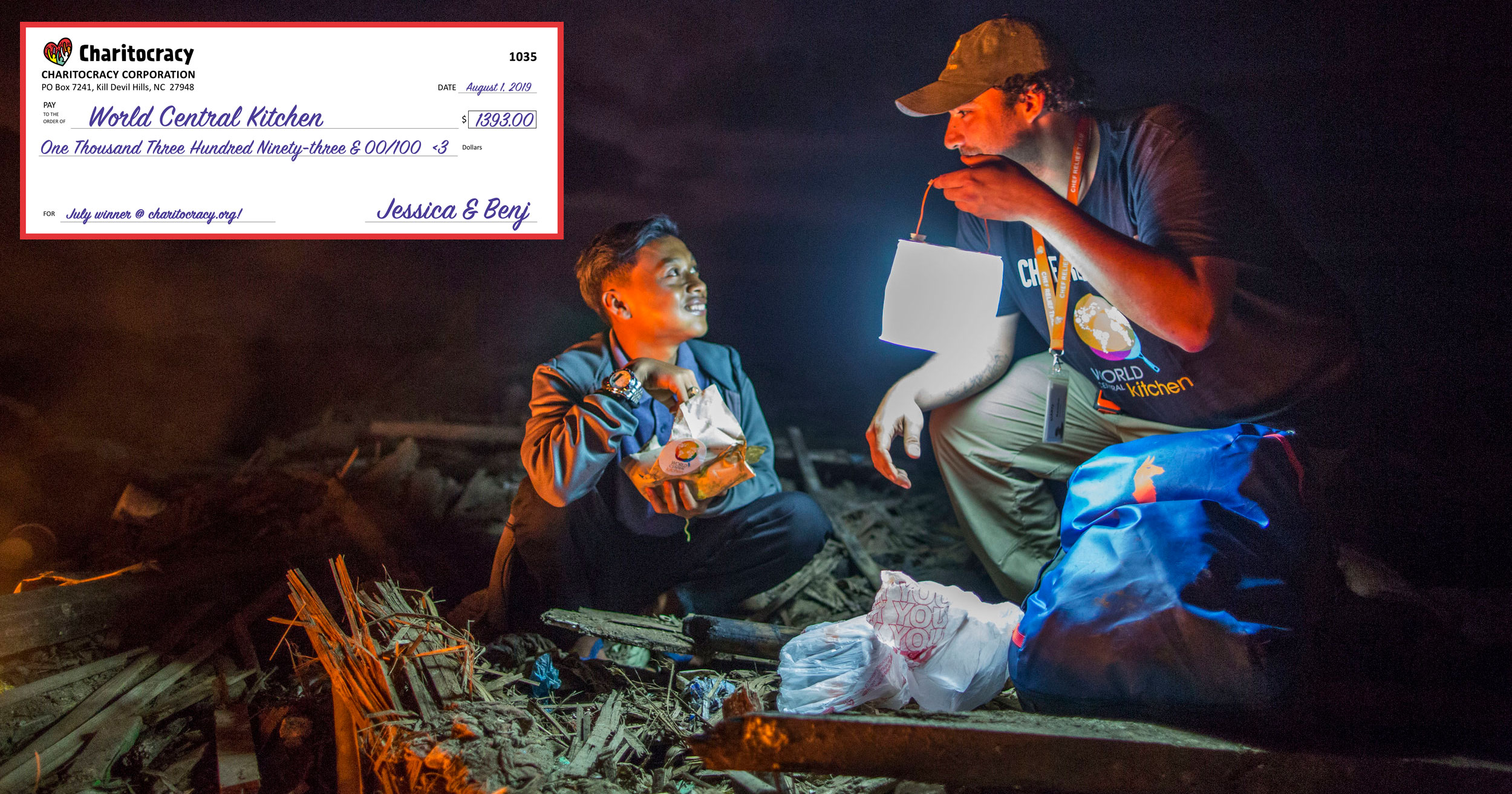 Charitocracy's 35th check to July winner World Central Kitchen for $1393