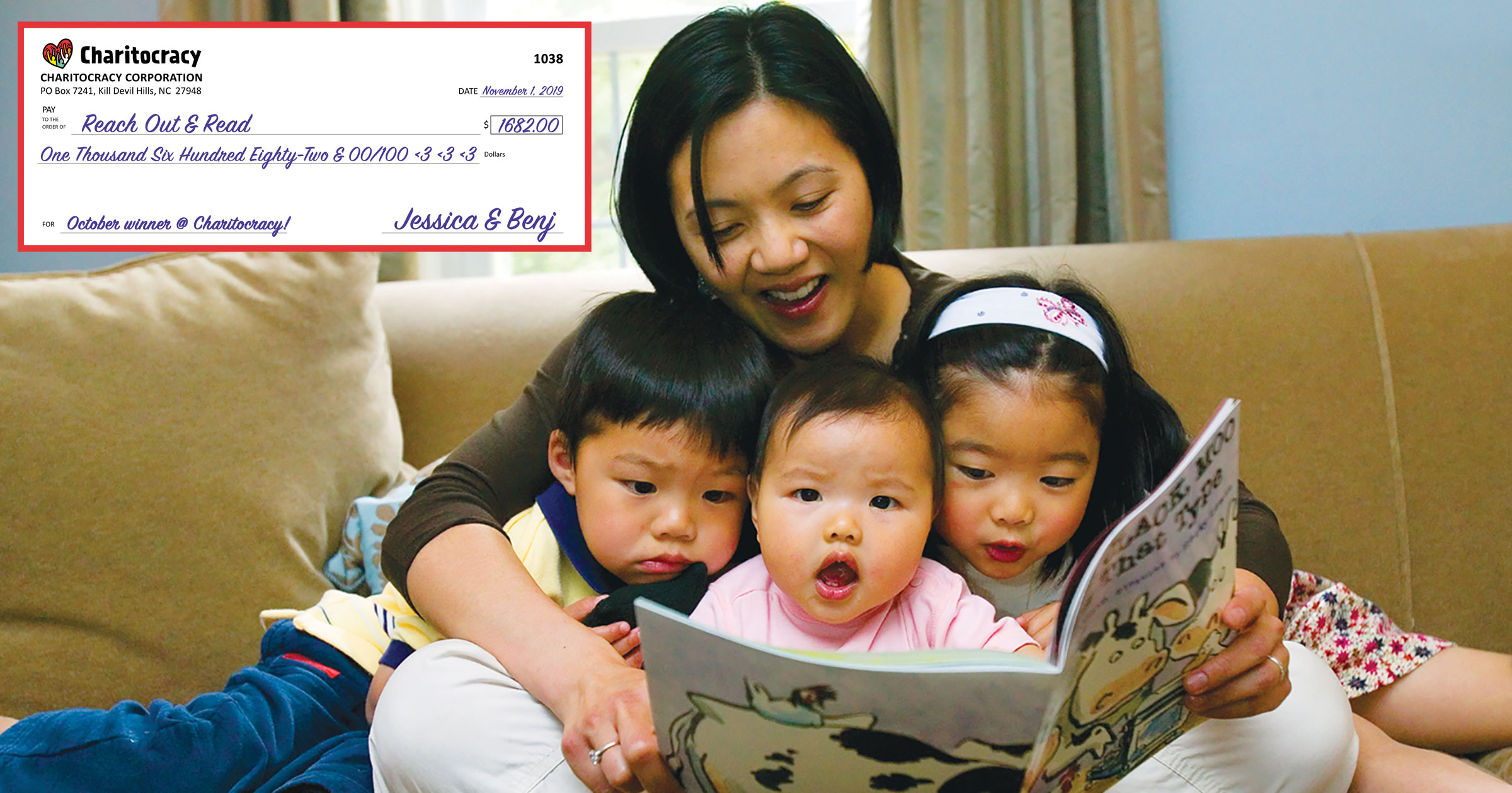 Charitocracy's 38th check to October winner Reach Out and Read for $1682