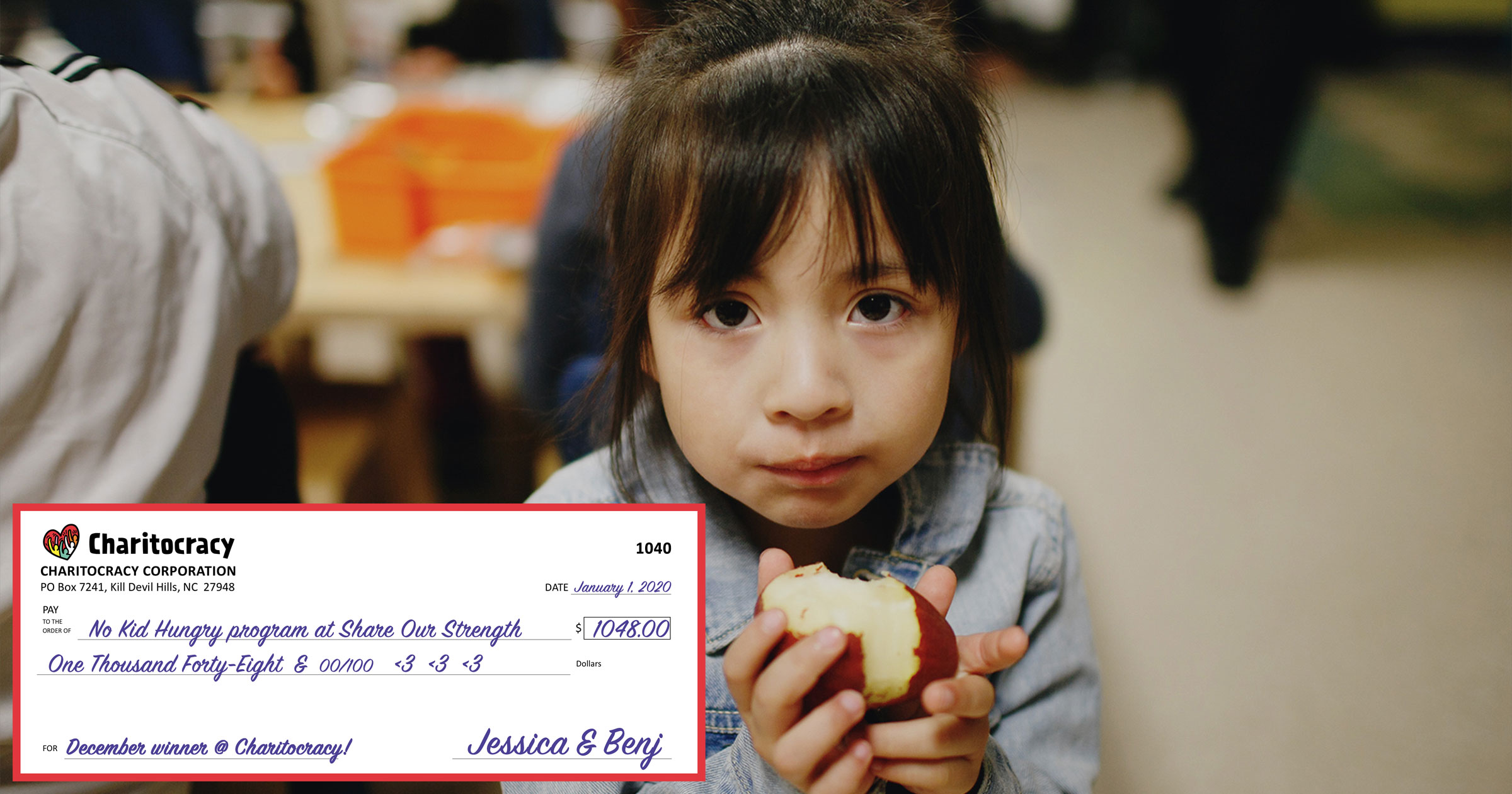Charitocracy's 40th check to December winner No Kid Hungry for $1048