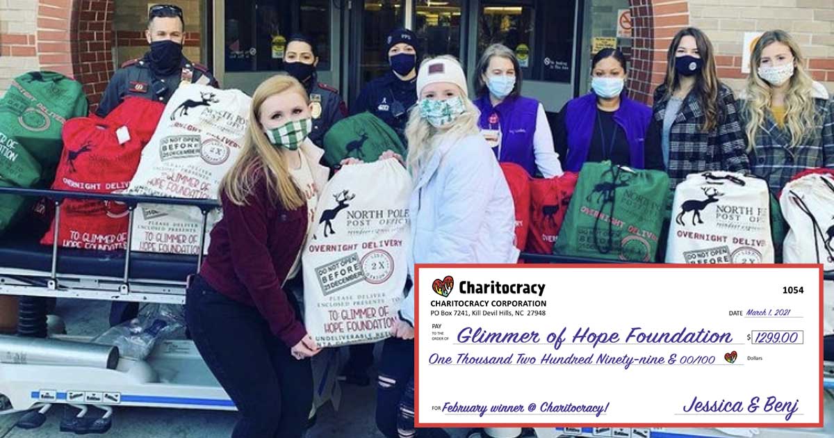 Charitocracy's 54th check to February winner Glimmer of Hope Foundation for $1299